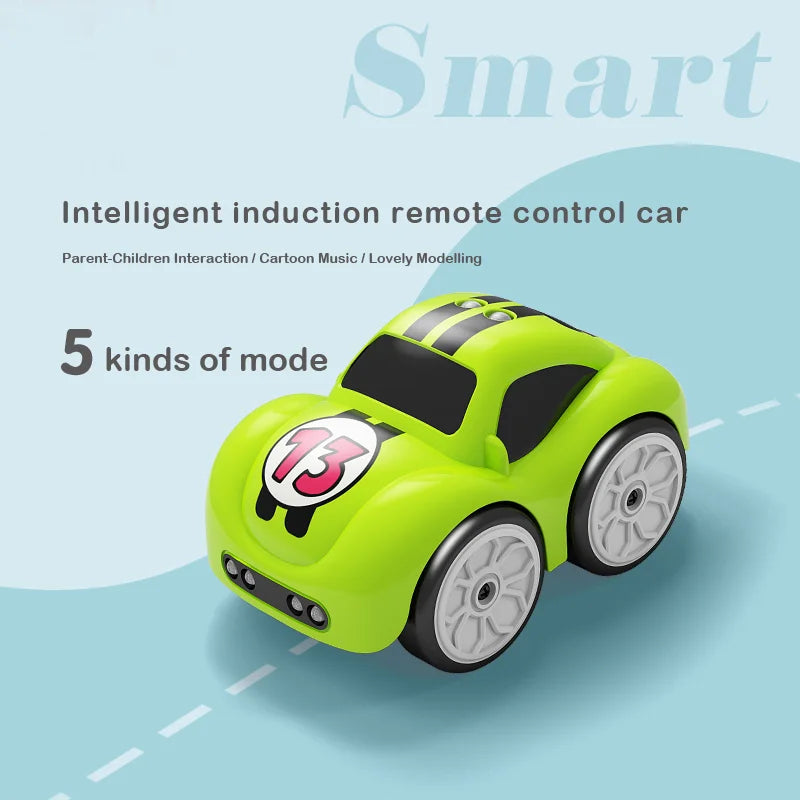 A bright lime green remote control car with a number 13 design is shown on a light blue background.