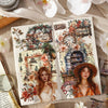 A page from a vintage lifestyle sticker book featuring watercolor illustrations of winter scenes, clocks, and elegant female 