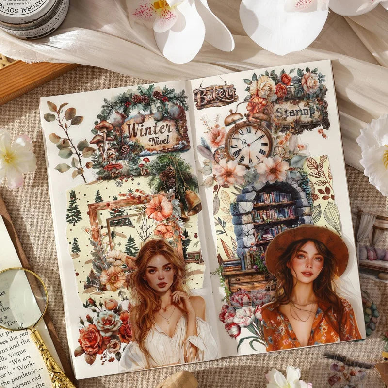 A page from a vintage lifestyle sticker book featuring watercolor illustrations of winter scenes, clocks, and elegant female 