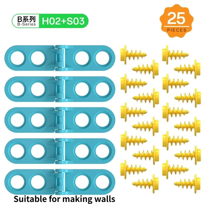 B-Series H02+S03 construction kit showing various blue plastic wall panels and yellow nails.