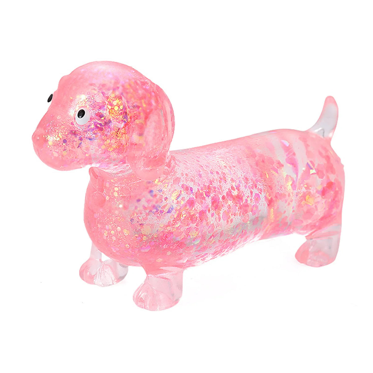 A pink, squishy toy shaped like a dachshund with glitter accents.