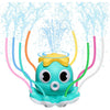 A cartoon fire hydrant water sprinkler toy with colorful hoses spraying water outdoors.