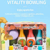 A box of vitality bowling set for kids featuring foam pins with numbers and animal designs.