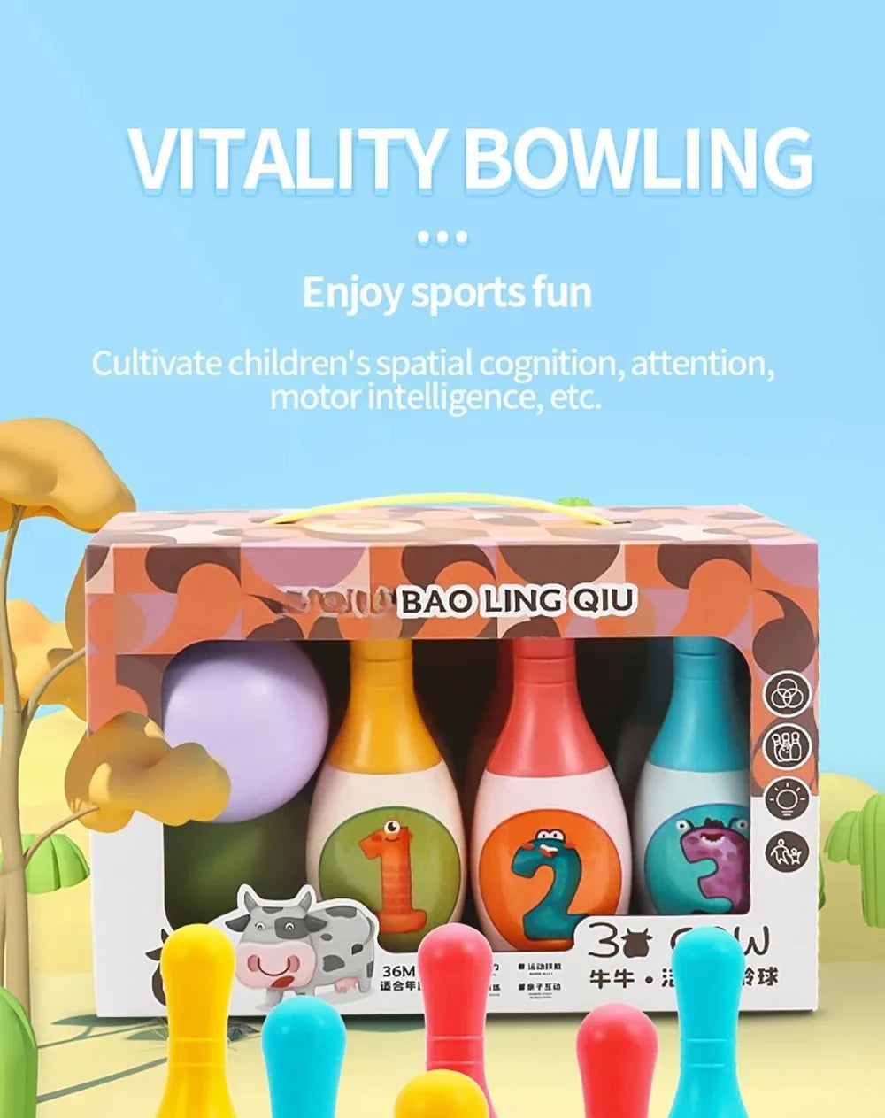 A box of vitality bowling set for kids featuring foam pins with numbers and animal designs.