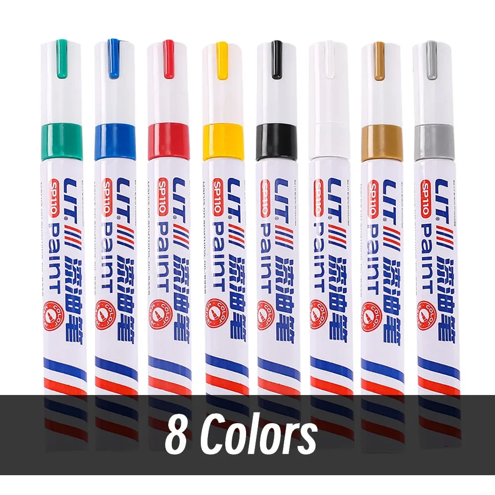 A set of eight colored permanent paint markers for rubber, fabric, and metal, displayed vertically.