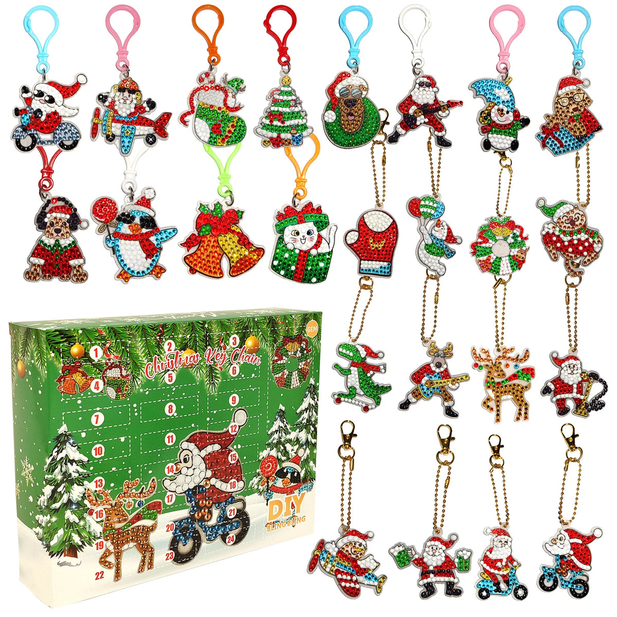A collection of Christmas-themed diamond painting keychains and charm pendants in various colors and designs.