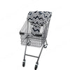 A black wire shopping cart with a patterned fabric seat cover for babies and toddlers.