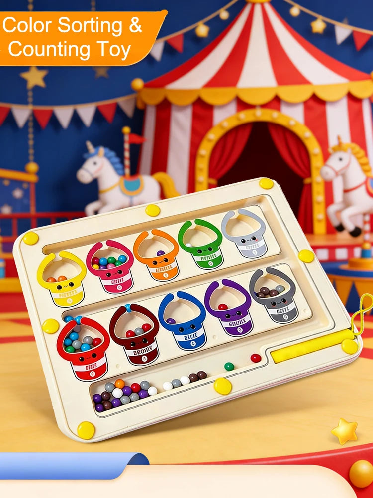 A white magnetic bead puzzle board for kids with various colored beads and a yellow stick, set against a backdrop of a circus