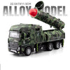 A diecast military missile truck toy in camouflage green, featuring a launch mechanism and a missile tube.