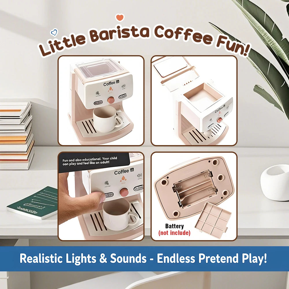A set of realistic lights and sounds coffee machine for kids pretend play featuring a brewing mechanism and battery.