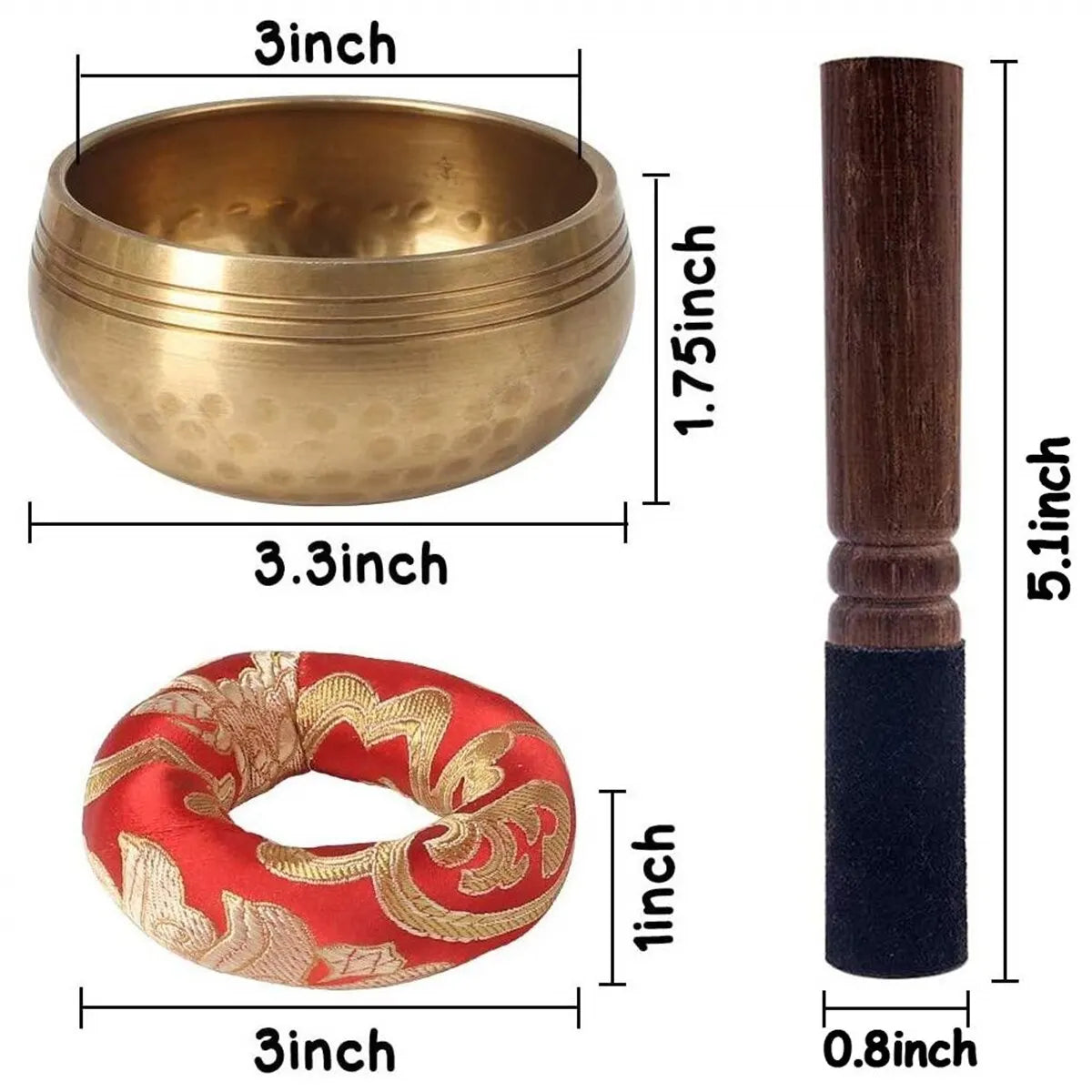 A handcrafted Tibetan singing bowl with a brass bowl, wooden mallet, and silk cushion.