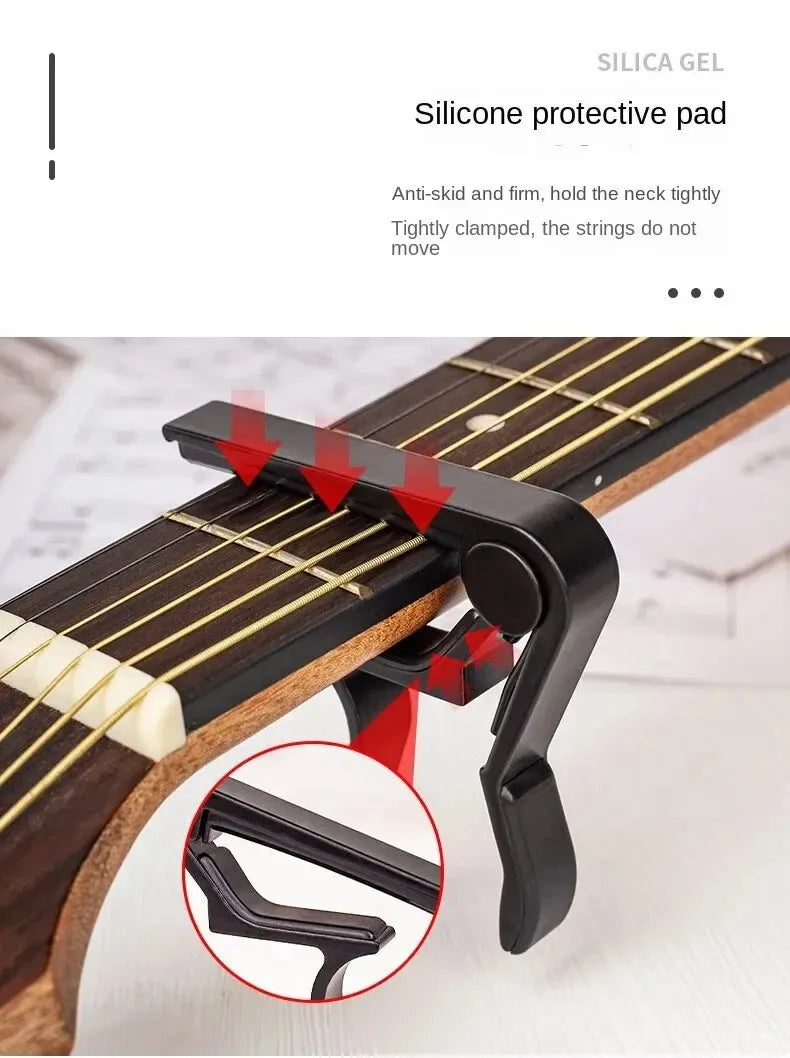 A silicone protective pad is shown clamped onto a guitar neck, demonstrating its anti-skid grip.