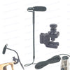 A black clip-on condenser microphone with a gooseneck stand and cable is shown next to other acoustic instrument microphones.