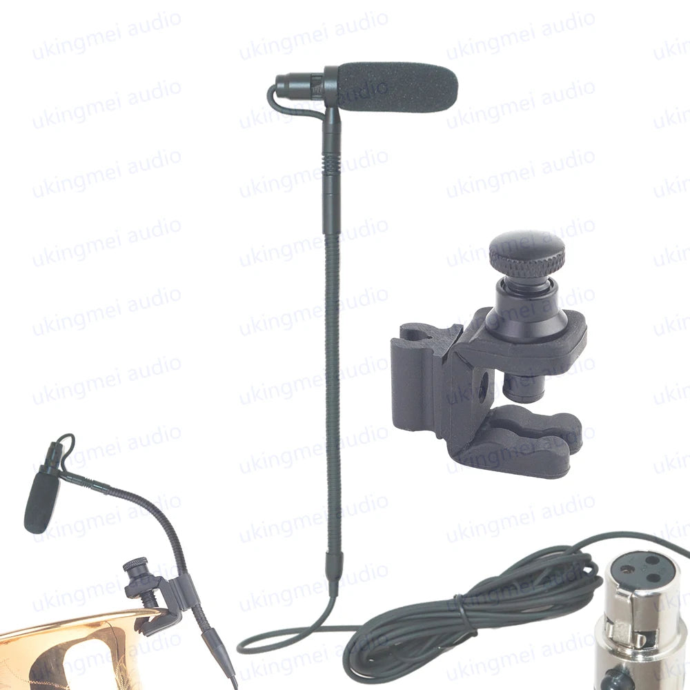 A black clip-on condenser microphone with a gooseneck stand and cable is shown next to other acoustic instrument microphones.