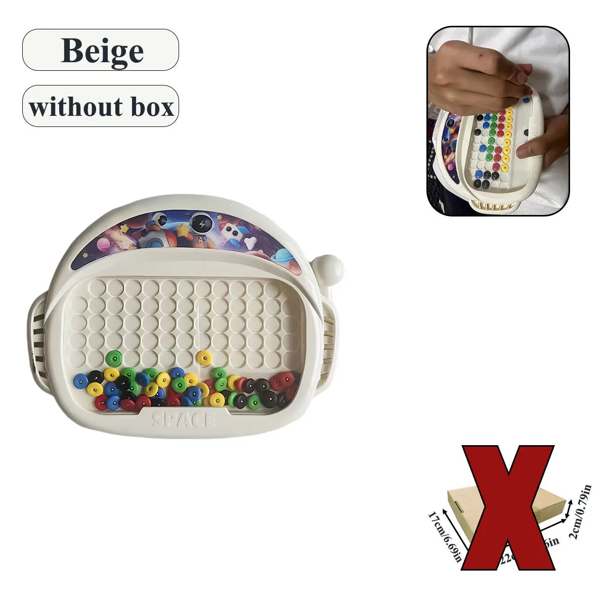 Beige magnetic doodle board for kids with pen and beads shown next to a hand holding the board