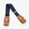 A navy blue canvas belt with a leather buckle and elastic stretch, shown against a white background.