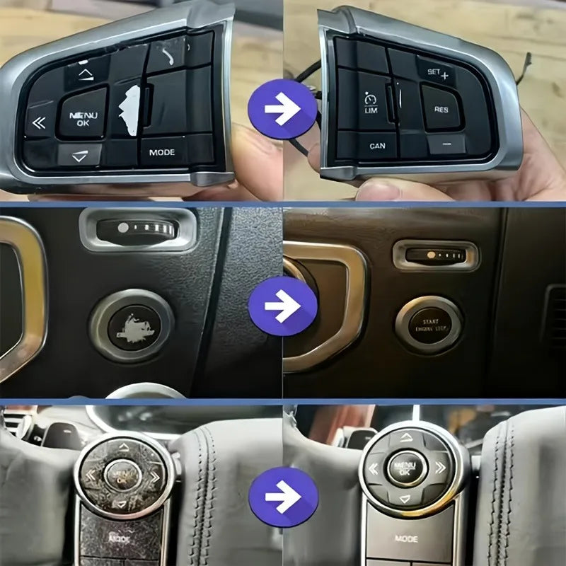 Close-up view of a car paint repair pen with various touch-up tips and a mode selector switch.