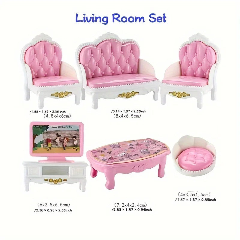 Dollhouse Furniture Set for Pretend Play – 3-Room Miniature Collection