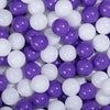 A close-up view of a pack of colorful play balls in purple and white.