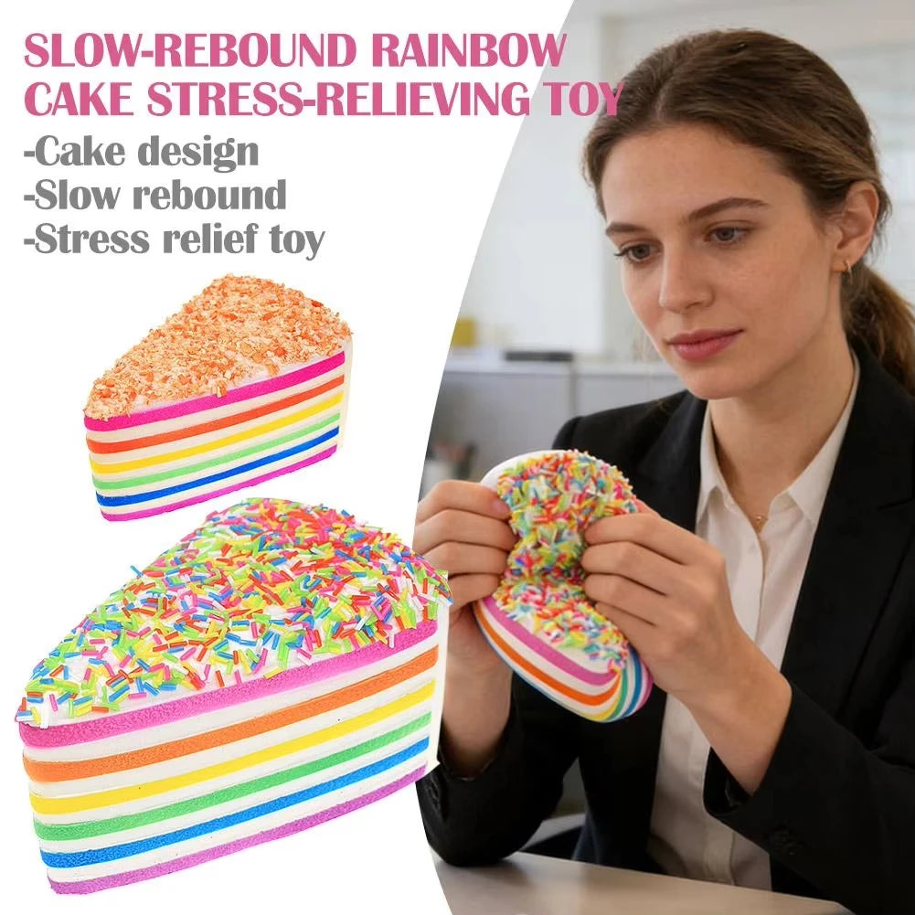 A woman holds a colorful rainbow layer cake stress-relief toy with sprinkles in her hands.