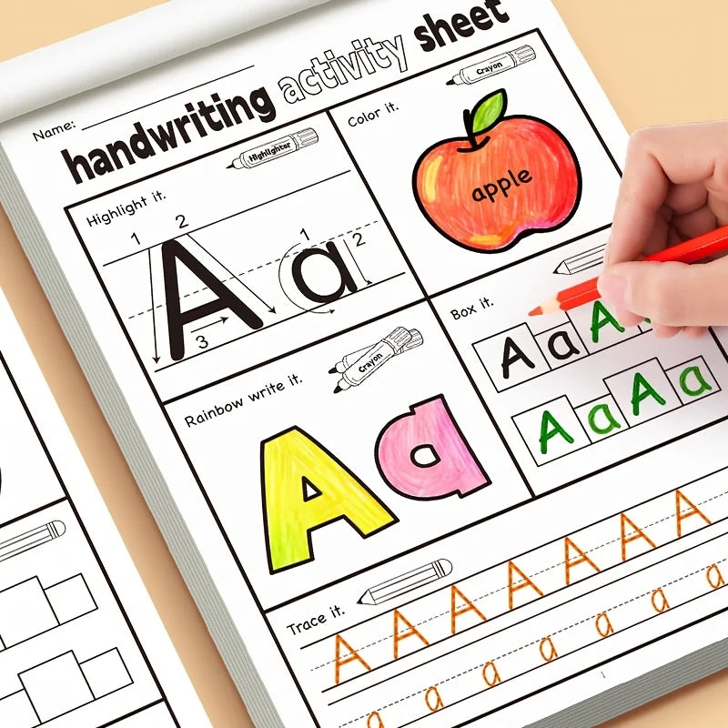 A page from a handwriting activity sheet showing tracing and writing practice for the letter A and a