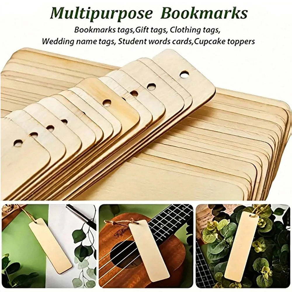A set of ten wooden blank bookmarks with tassels are displayed on a light wooden surface.
