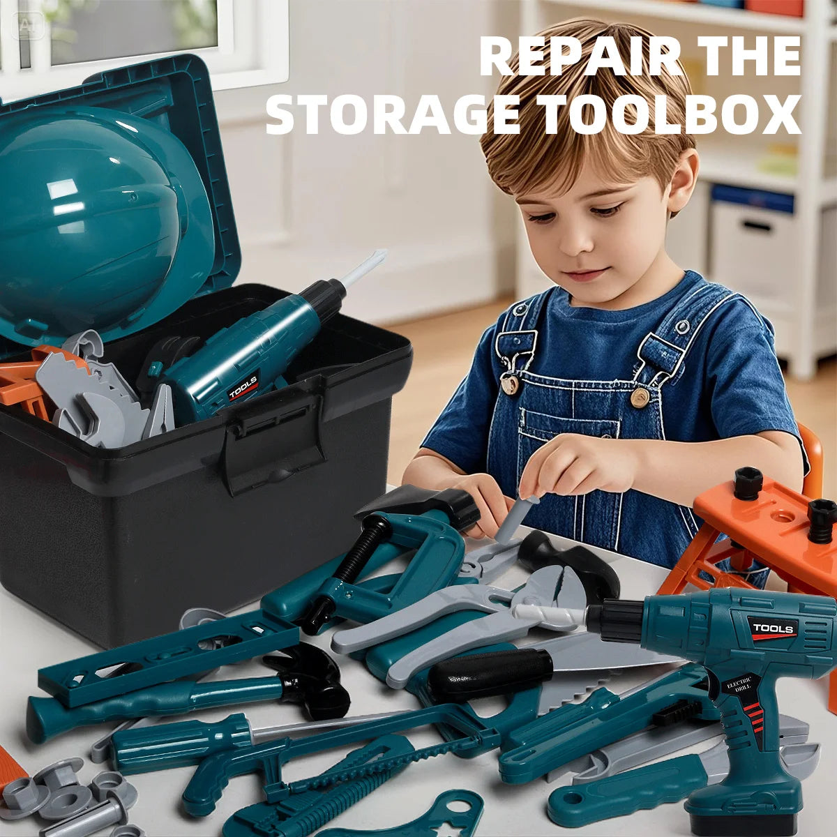 A young boy is shown repairing a storage toolbox with various tools like screwdrivers and pliers.