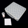 Clear diamond painting bead storage case with numbered bottles and labels, showing a plastic container and white labels.