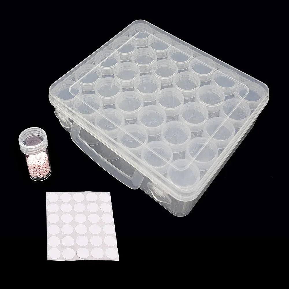 Clear diamond painting bead storage case with numbered bottles and labels, showing a plastic container and white labels.