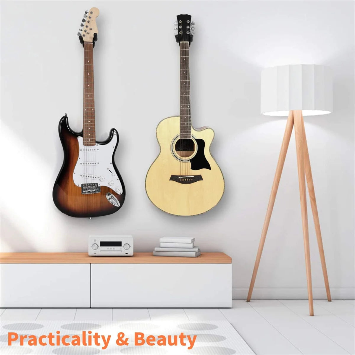 Wall-mounted guitar hanger displaying a white electric guitar and an acoustic guitar against a white wall.