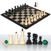A portable folding chessboard with black and white pieces, including a set of weighted chess pieces.