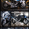 A white and blue 1:12 scale die-cast model motorcycle with front steering shown in multiple angles.