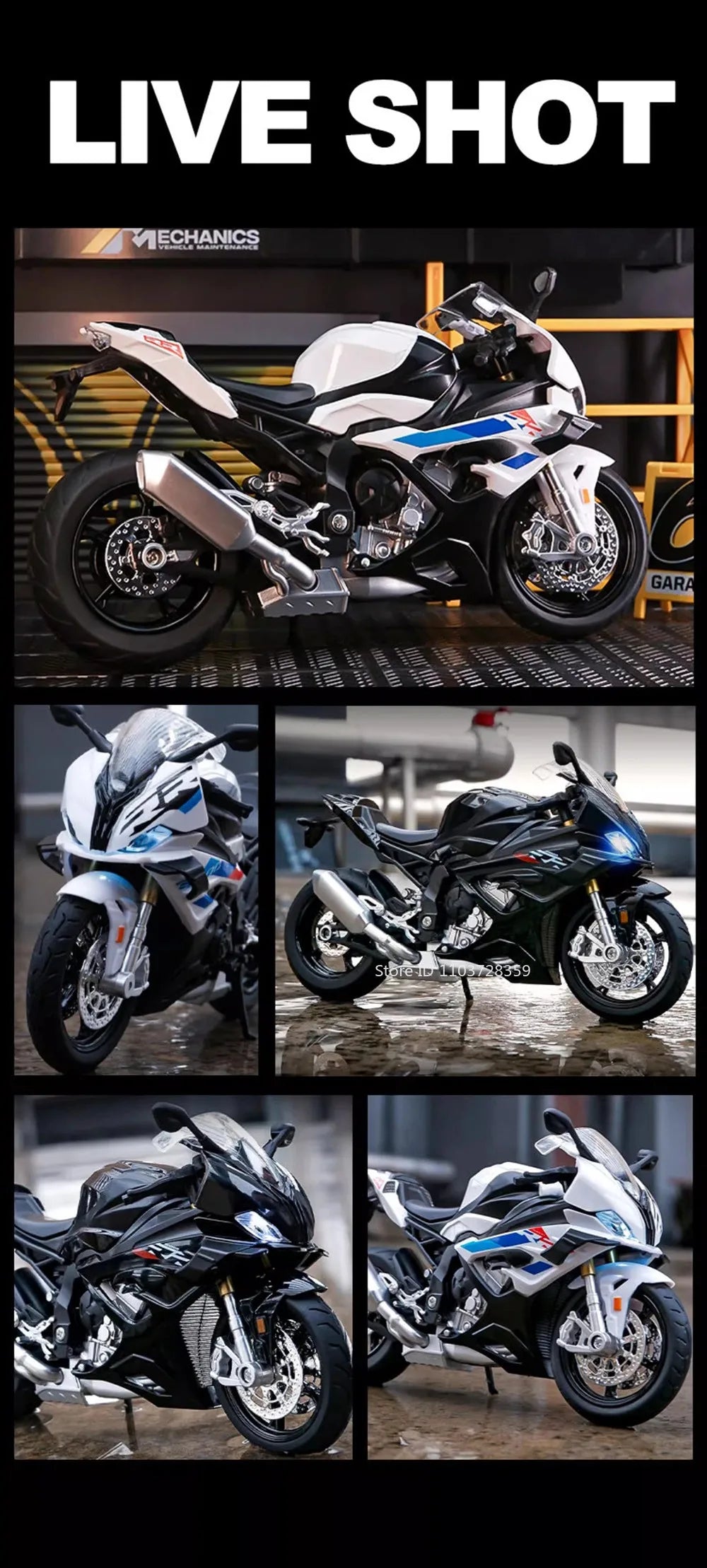 A white and blue 1:12 scale die-cast model motorcycle with front steering shown in multiple angles.