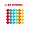 A grid of 30 colorful pompoms in various shades including red, purple, blue, green, and orange.