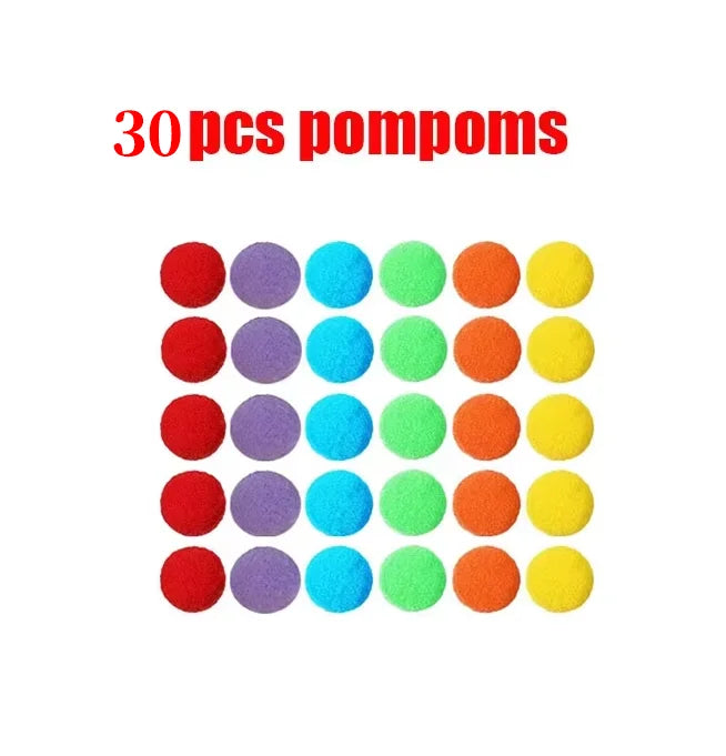 A grid of 30 colorful pompoms in various shades including red, purple, blue, green, and orange.