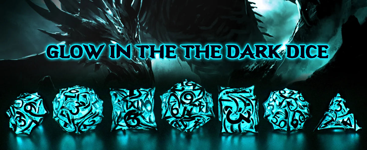 A set of polyhedral dice glowing in the dark against a dark background.