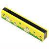 Yellow wooden harmonica with a black body and cartoon animal designs on the side