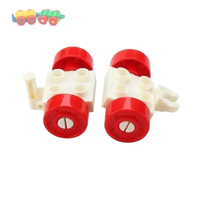 A set of red and white traffic vehicle building blocks including trucks and buses.