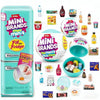 A collection of Mini Brands collectible toys displayed in various packaging and on a refrigerator container.
