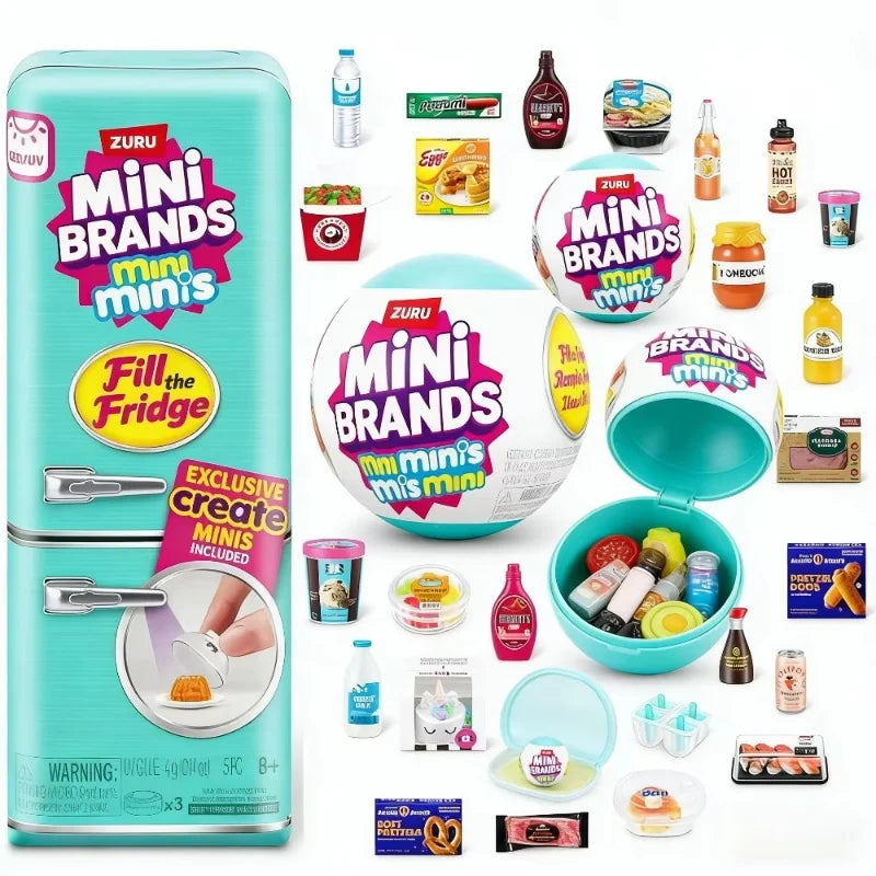 A collection of Mini Brands collectible toys displayed in various packaging and on a refrigerator container.