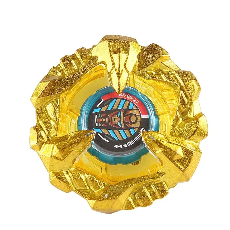 A gold metal spinning top with a blue and black center design.