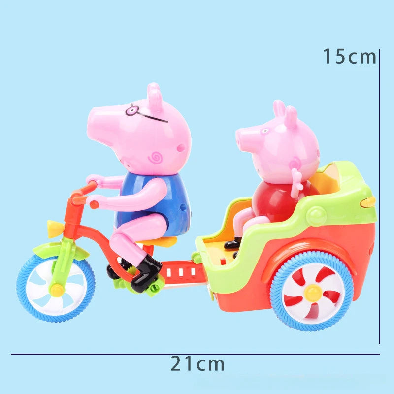 A pink piggy ride-on toy car with a pink pig figure and a red seat, shown against a light blue background.