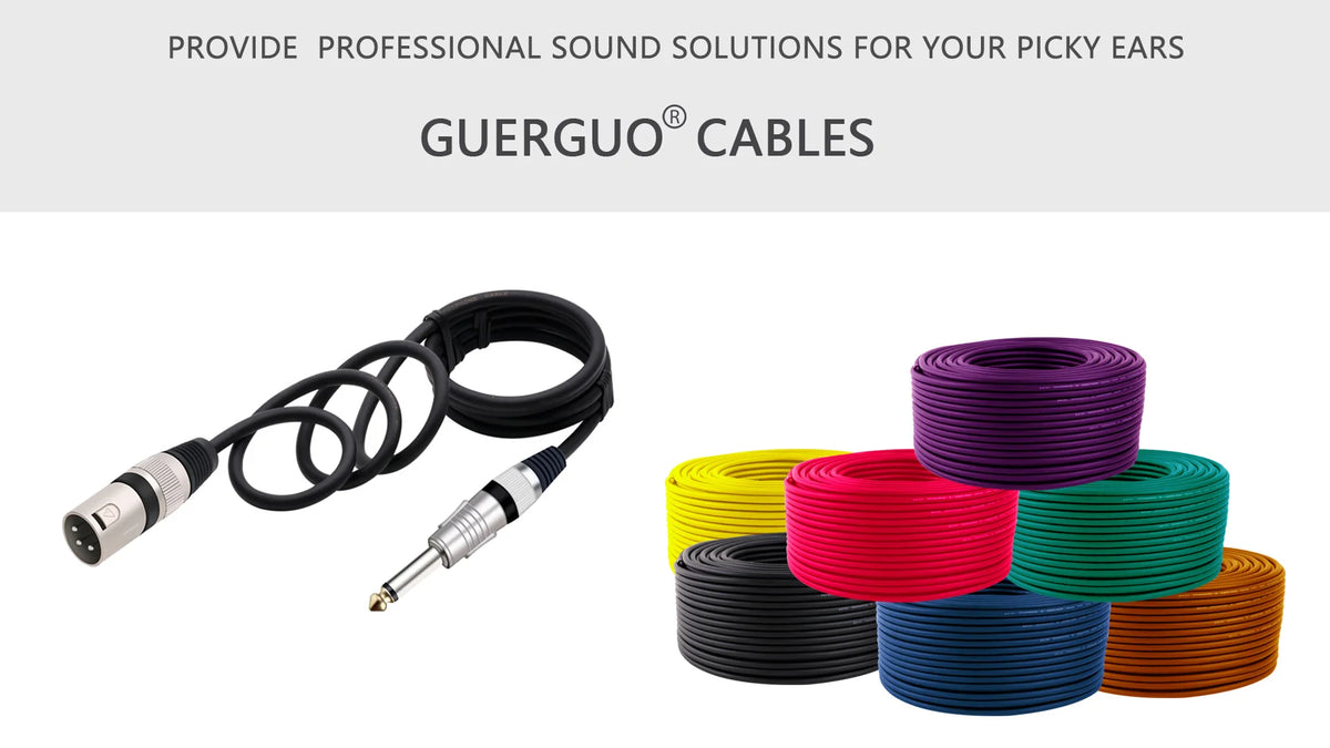 A collection of Guerguo audio cables in various colors and sizes, including coiled and straight XLR to 6.35mm connectors.