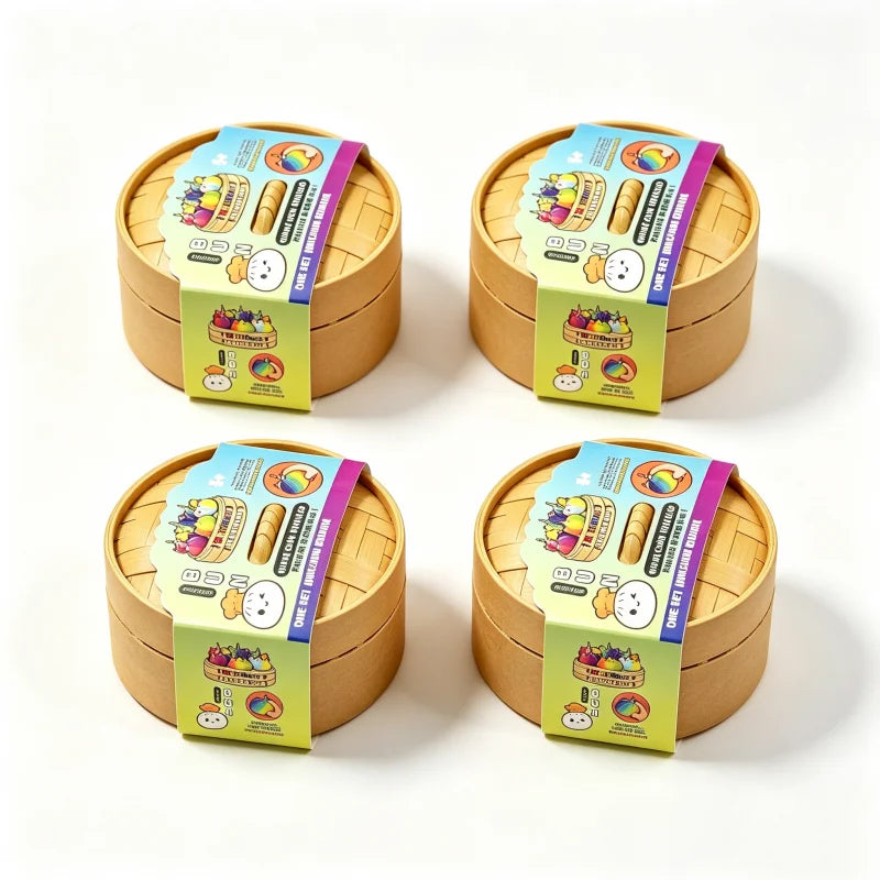 Three boxes of glitter unicorn dumpling squishy fidget toys with steamer inserts shown from above.
