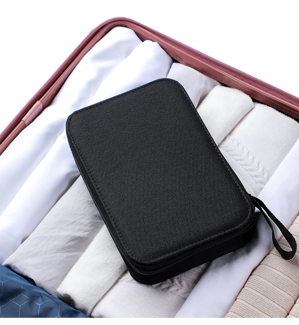 A black sewing kit storage box is shown nestled inside a pink travel case with white fabric lining.