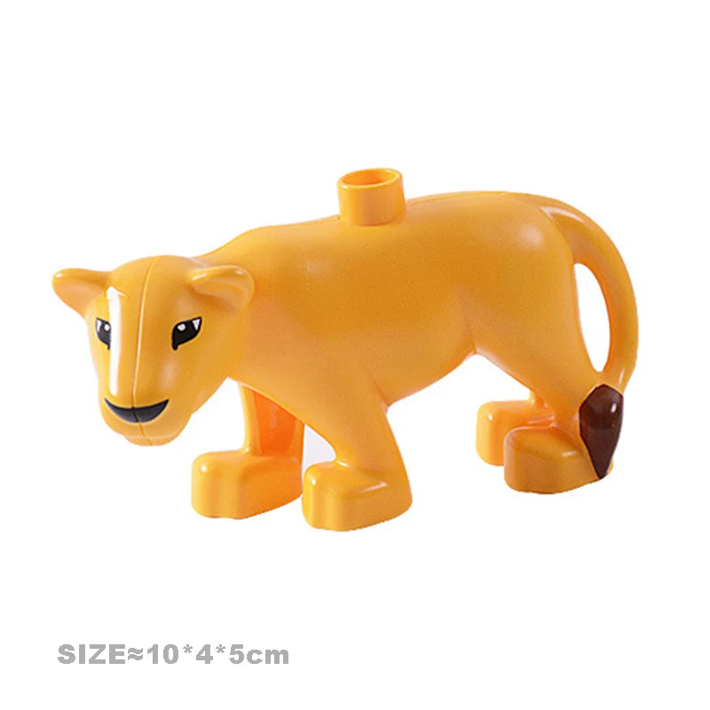 A yellow lion building block toy with a brown detail, shown from the side.
