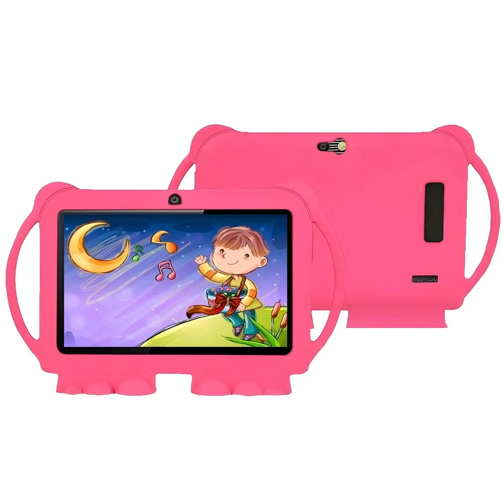 A pink kids tablet with a matching pink protective case is shown.
