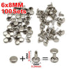 A set of 100 silver-colored 6x8mm metal rivets and various sized hardware components for crafts and sewing.