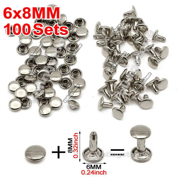 A set of 100 silver-colored 6x8mm metal rivets and various sized hardware components for crafts and sewing.