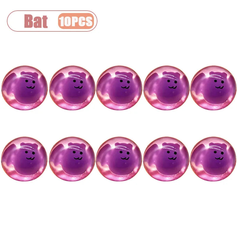 Ten purple pumpkin head squishy stress relief toys arranged in a row.